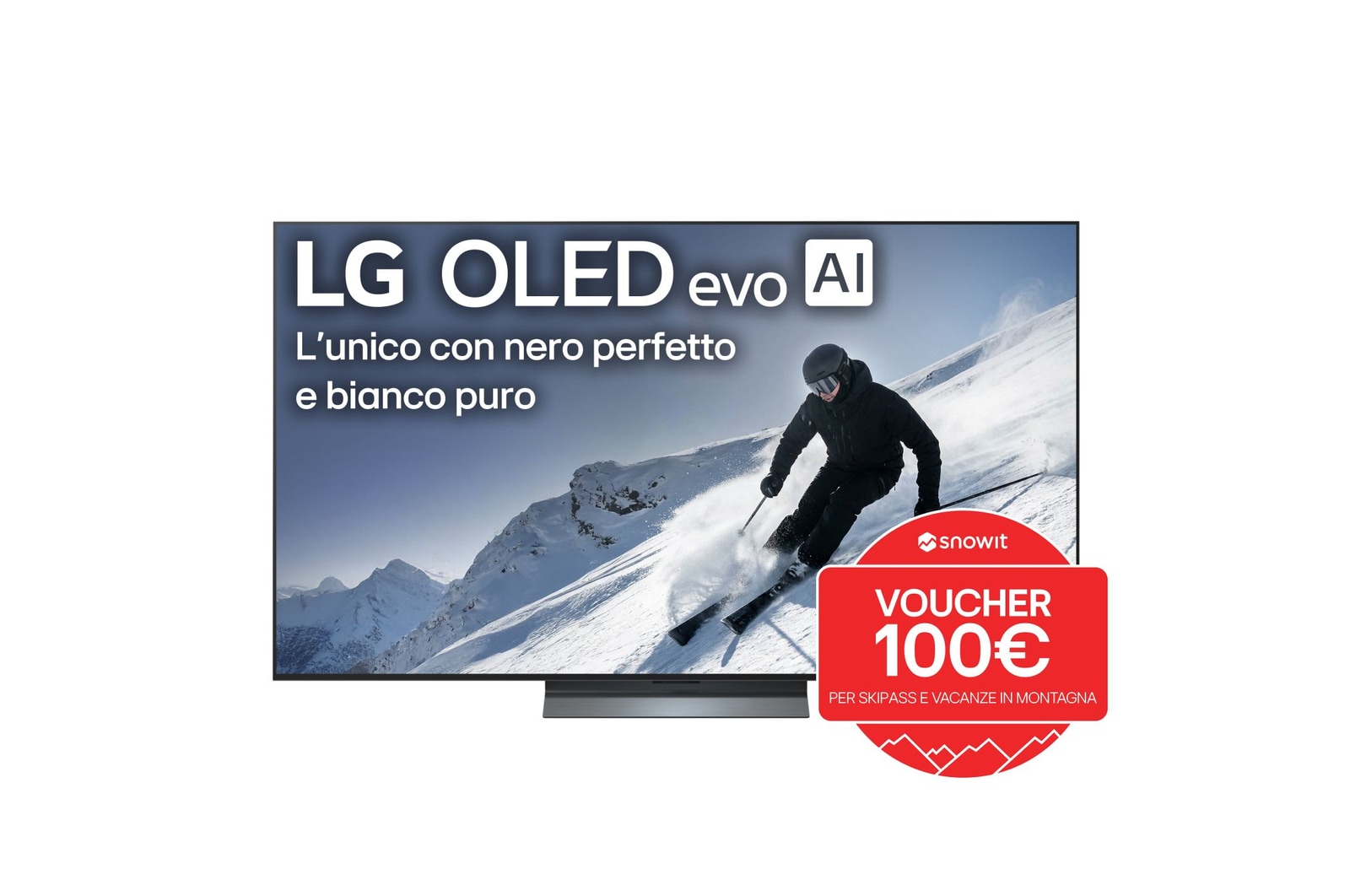 Vista frontale di una TV 65 pollici LG OLED evo AI C5 4K Smart TV 2025 OLED65C55LA con bollo promozione